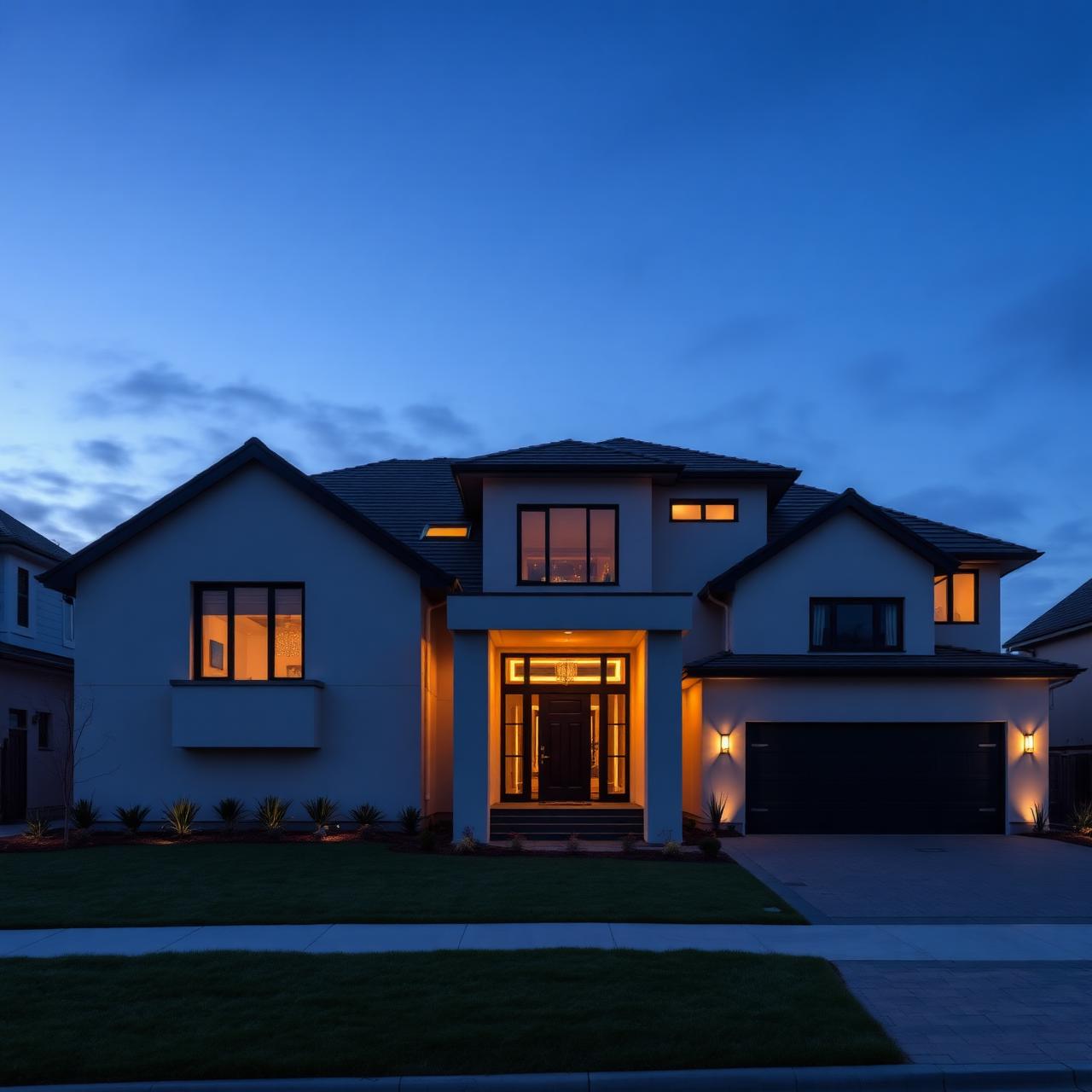 Twilight exterior of a luxury home
